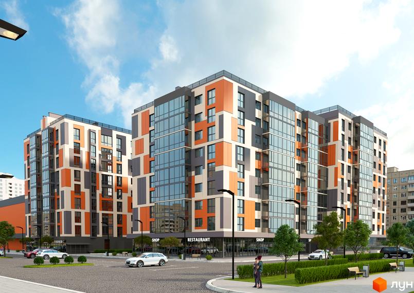 Житловий комплекс Orange City: будинки з помаранчевими, сірими та світлими фасадами, великими вікнами. Прибудинкова територія з парковкою та зеленими зонами.