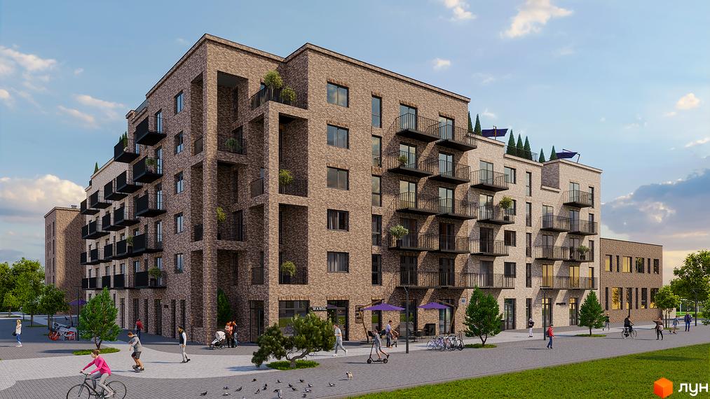 Зовнішній вигляд житлового комплексу WAWEL з цегляним фасадом та балконами, прибудинкова територія з зеленими насадженнями та місцями для відпочинку.