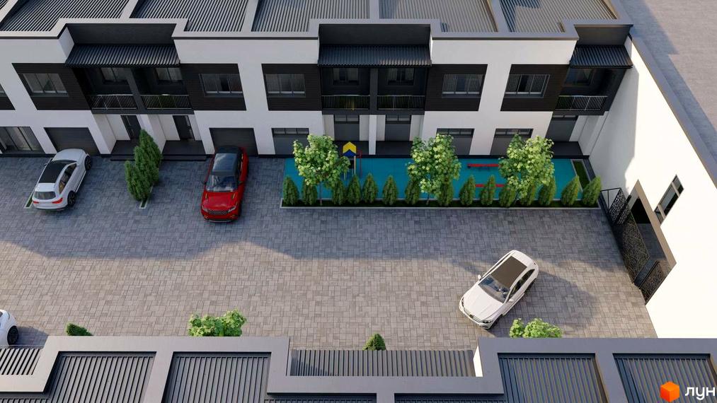 Таунхауси Dream Town з білими та темно-сірими фасадами, балконами та гаражами. На території брукований двір, парковка та дитячий майданчик з деревами.