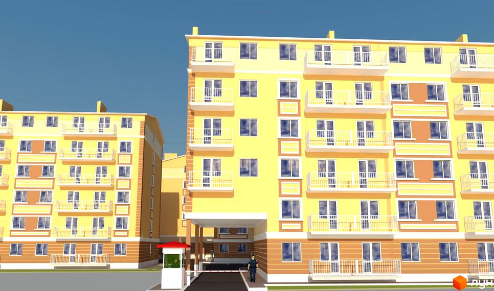 Житловий комплекс Новий Люстдорф – жовті багатоповерхові будинки з балконами та огородженою територією з будкою охорони та шлагбаумом.