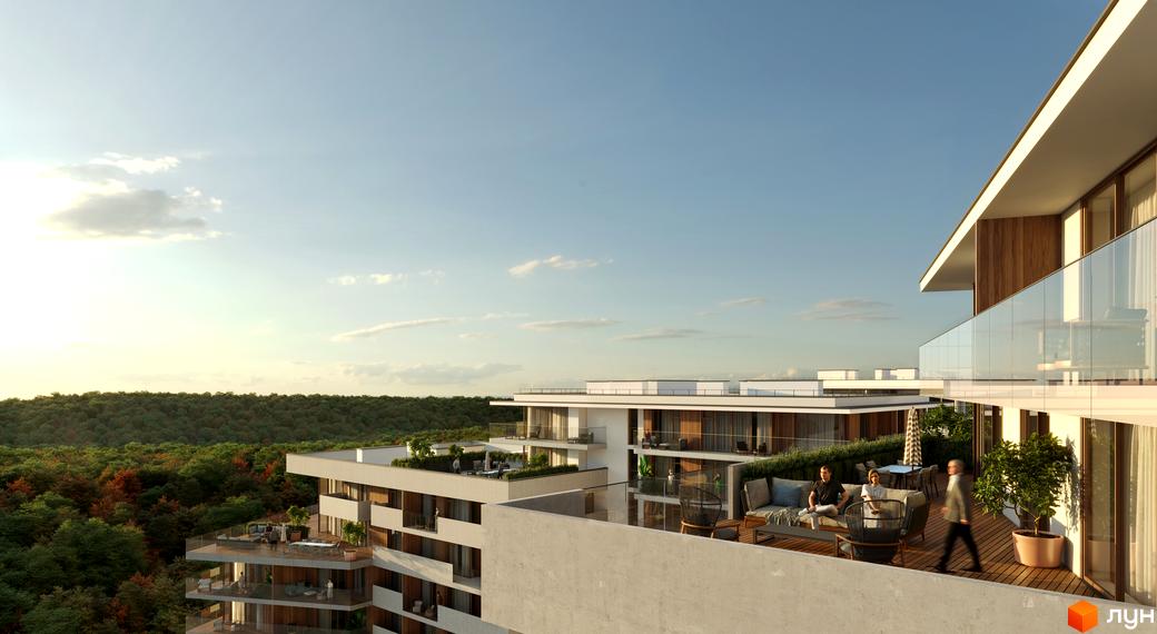 Житловий комплекс MARVEL Hill з терасами та скляними балконами, що виходить на зелений ліс. Прибудинкова територія з зонами відпочинку та рослинністю.