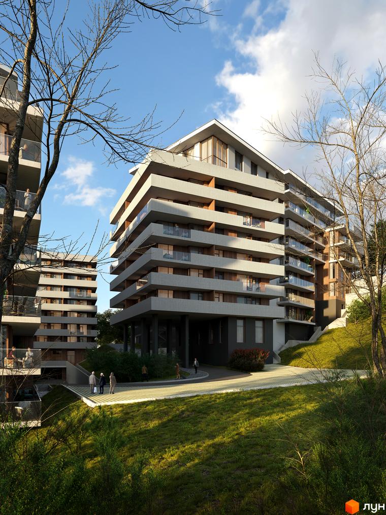 Житловий комплекс MARVEL Hill з багаторівневими балконами та скляними огорожами, розташований на схилі пагорба з доглянутою прибудинковою територією.