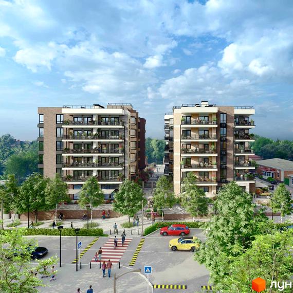 Житловий комплекс CENTRAL PARK. Сучасні багатоповерхові будинки з балконами та паркуванням біля входу. Навколо зелена зона та пішохідний перехід.