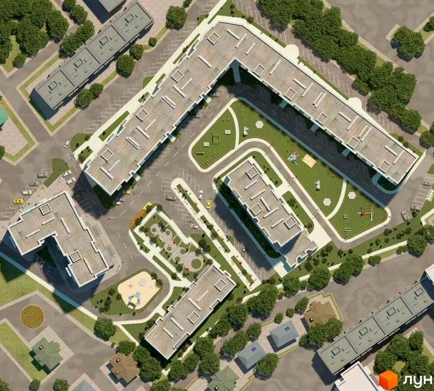 Вид зверху на житловий комплекс SkyCity з багаторівневими будинками та упорядкованою прибудинковою територією з дитячими майданчиками та зеленими зонами.