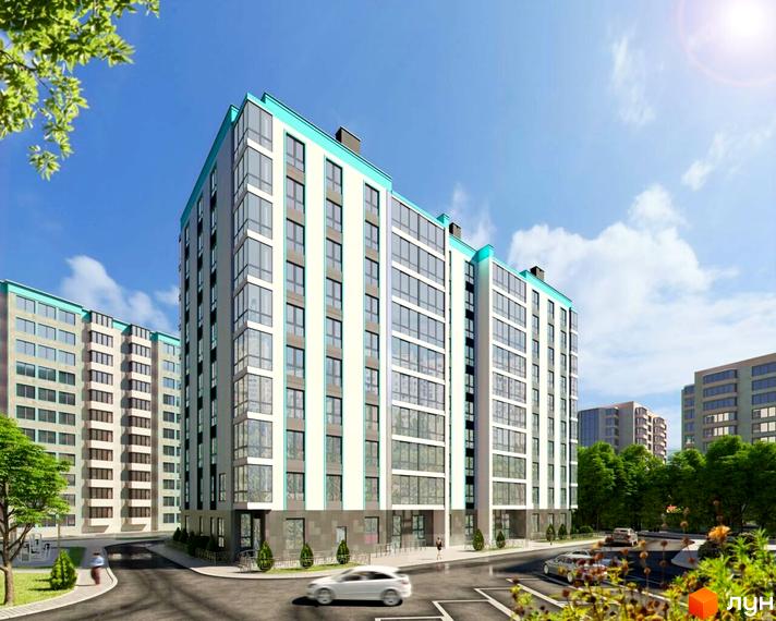 Житловий комплекс SkyCity - це сучасна багатоповерхова новобудова з панорамними вікнами та бірюзовою обробкою фасаду. Територія навколо будинку озеленена деревами та має доглянуту прибудинкову територію.