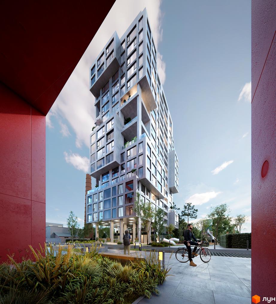 Будинок NOVO RESIDENCE з нерівними виступаючими блоками та великою кількістю вікон, поруч зелена зона з деревами та доріжка з велодоріжкою.
