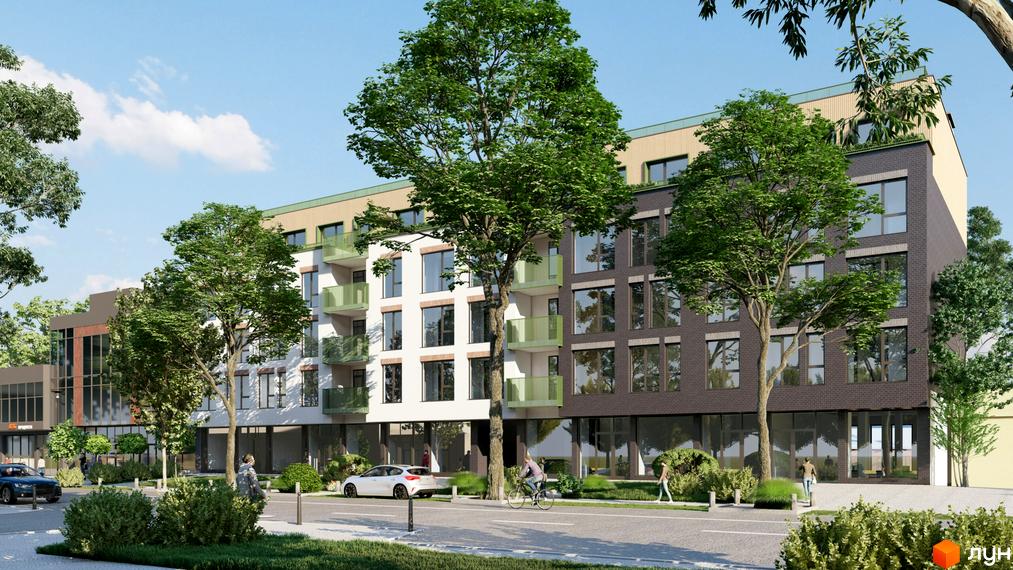 Фасад житлового комплексу PRAUD comfort з білими та темними цегляними елементами, зеленими балконами та деревами на прибудинковій території. Зовнішній вигляд новобудови з вікнами та входами.