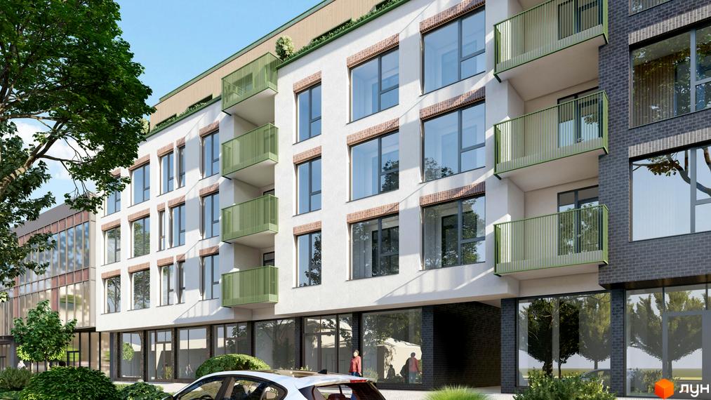 Житловий комплекс PRAUD comfort має білі фасади з цегляними вставками та зелені балкони. Перед будинком дерева та кущі.