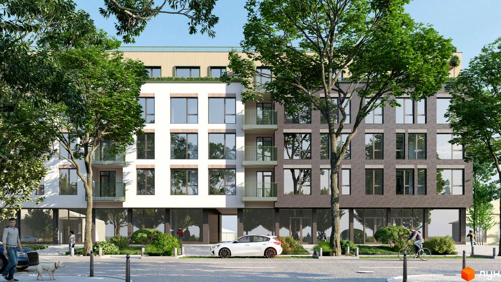 Новобудова ЖК PRAUD comfort з білим та сірим фасадами, великими вікнами та зеленими балконами. Біля будинку дерева та пішохідна зона з людьми та автомобілем.