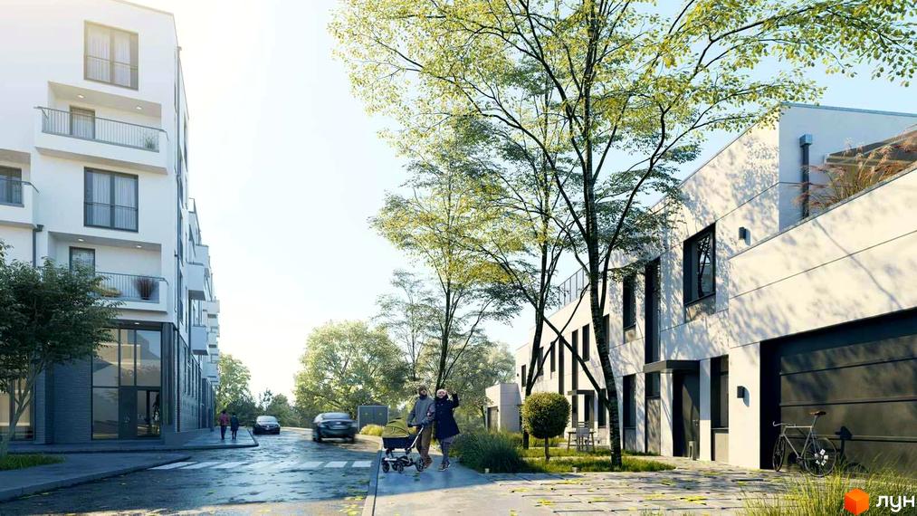 Зовнішній вигляд житлового комплексу Villa Magnolia з білими фасадами та балконами. Прибудинкова територія з деревами, дорогою та людьми.