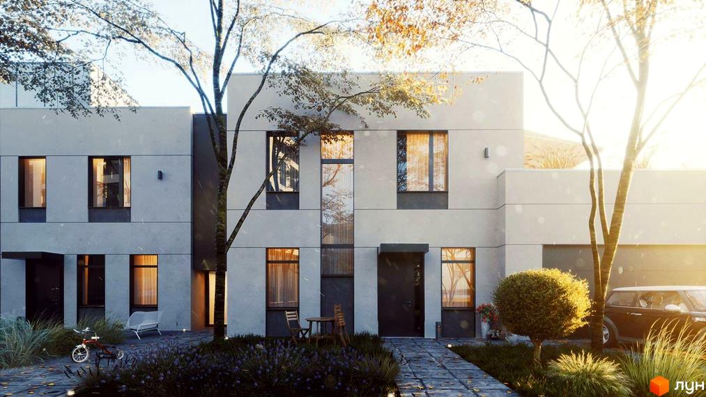 Зовнішній вигляд новобудови ЖК Villa Magnolia з великими вікнами та сірим фасадом. На прибудинковій території розташовані дерева, кущі та доріжки.