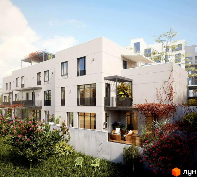 Зовнішній вигляд будинку ЖК Villa Magnolia з балконами та вікнами. Навколо будинку зелена прибудинкова територія з квітами та травою.