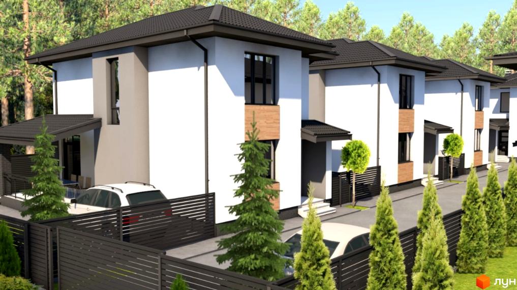 Котеджне містечко КМ Forest town: білі двоповерхові будинки з темними дахами та парканами, зелені ялинки та дерева на території. Автомобілі припарковані біля будинків.