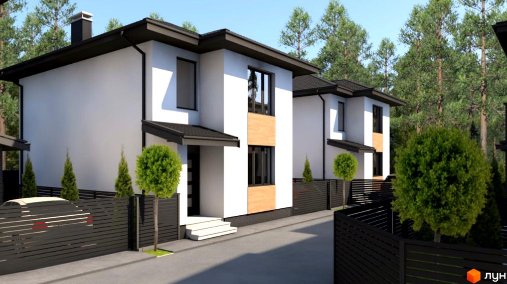 Котеджне містечко КМ Forest town: двоповерхові будинки з білими стінами, чорними дахами та дерев'яними елементами фасаду. Озеленена територія з парканом та деревами.