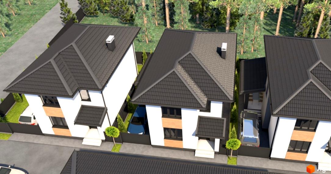 Котеджне містечко Forest town. Триповерхові будинки з темним дахом, білими стінами та дерев'яними елементами фасаду. Прибудинкова територія з парканом, зеленими насадженнями та автомобілями.