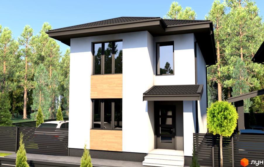 Котеджне містечко КМ Forest town: двоповерховий будинок з білими стінами та дерев'яними вставками, огороджена територія з деревами та автомобілем.