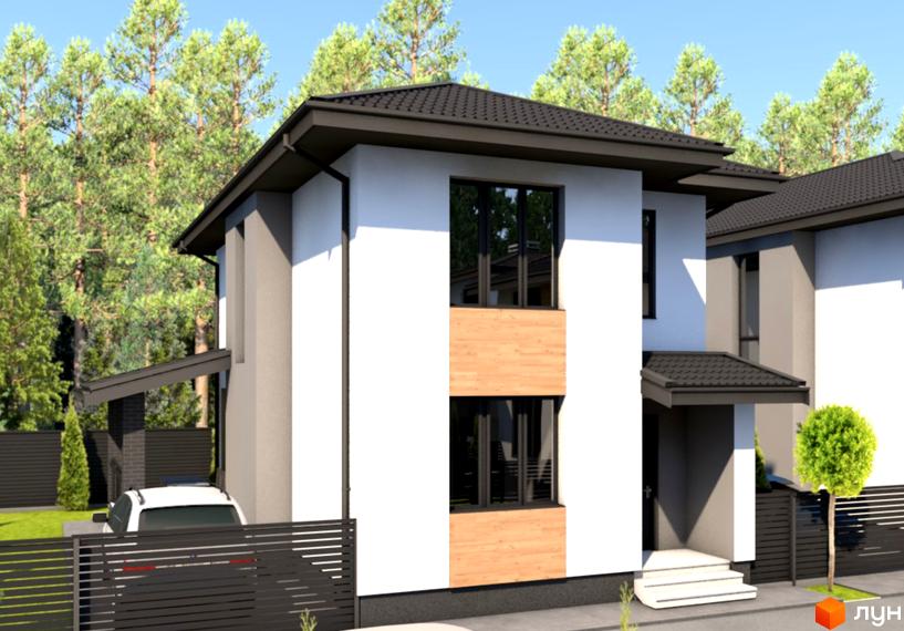 Котеджне містечко КМ Forest town: двоповерховий будинок з білою та дерев'яною обробкою фасаду, великими вікнами, на тлі зелених дерев. Прибудинкова територія огороджена парканом, є автомобіль.