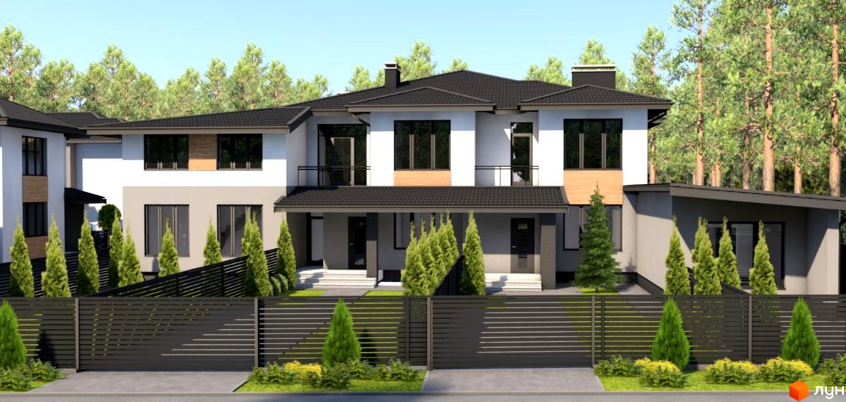 Котеджне містечко КМ Forest town: фасади будинків з великими вікнами та балконами, огороджена територія з туями та кущами.