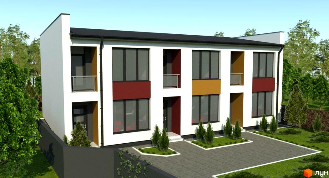 Таунхауси SweetStone House - двоповерхові будинки з великими вікнами та балконами, оточені зеленню та вимощеною територією.