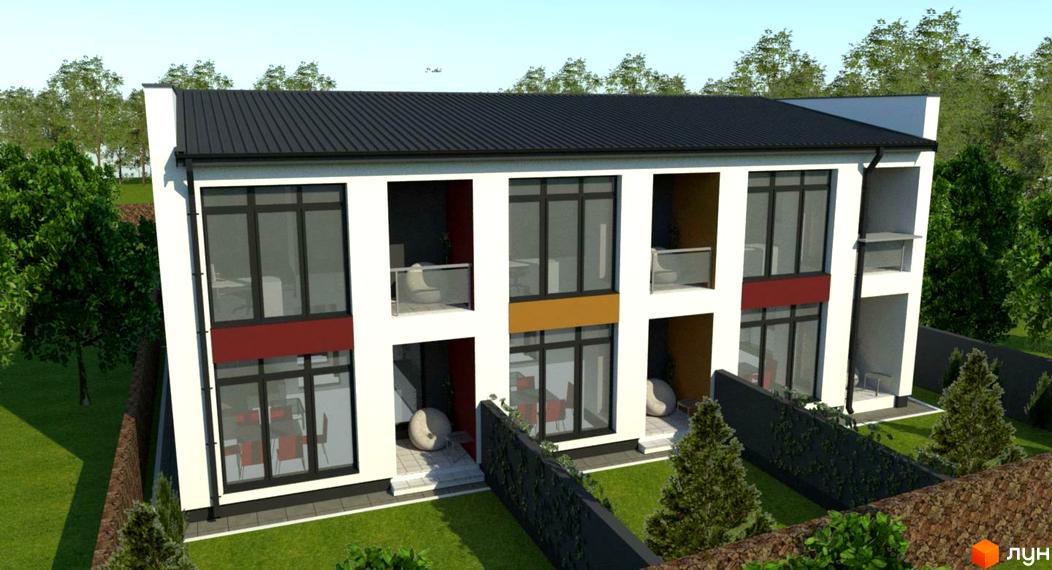 Таунхауси SweetStone House - це двоповерхові будинки з великими вікнами та балконами, оточені зеленою прибудинковою територією та парканом.