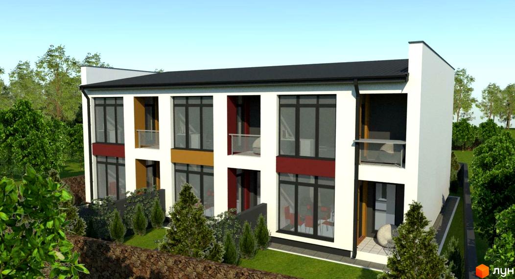 Таунхауси SweetStone House – це двоповерхові будинки з великими вікнами та балконами, оточені зеленню та кам'яним парканом.