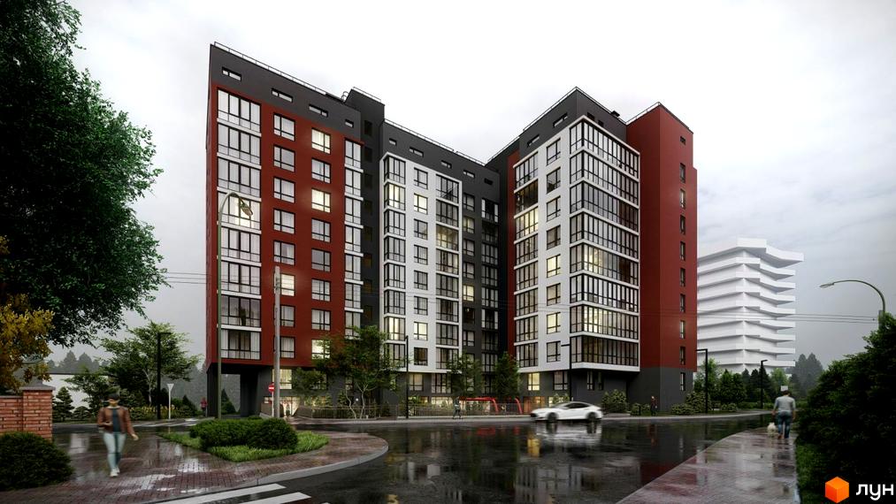 Зображення фасаду та прибудинкової території Житлового комплексу по пров. Цегельний, 2, 4. На передньому плані пішохідний перехід.