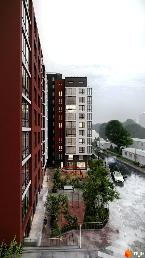 Високоповерховий будинок з фасадом бордового кольору. На прибудинковій території розташовані дитячий майданчик, зелені насадження та місця для відпочинку.