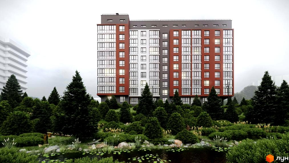 Висотна будівля житлового комплексу з великими вікнами, оточена зеленими насадженнями та водоймою. ЖК пров. Цегельний, 2, 4.