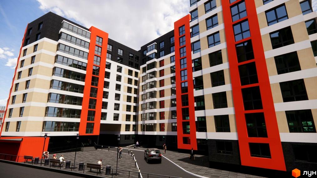 Зовнішній вигляд житлового комплексу на вул. Тролейбусна, 5 з яскравими червоними елементами та великою кількістю вікон. Прибудинкова територія з дорогою, лавками та людьми.