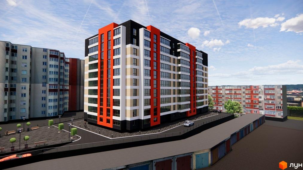 Багатоповерховий житловий будинок на вул. Тролейбусна, 5 з яскравим фасадом. Прибудинкова територія з бруківкою, лавками та озелененням, поруч гаражі.