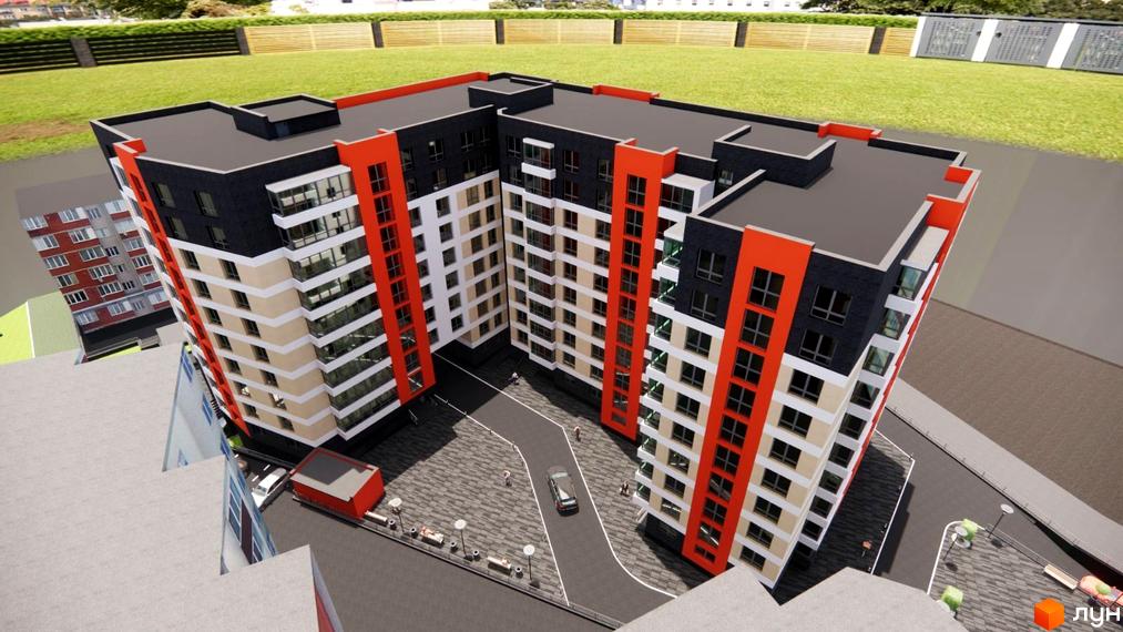 Зовнішній вигляд новобудови на вул. Тролейбусна, 5, з яскравими червоними та чорними фасадами, білими та бежевими елементами, та прибудинковою територією з зеленими зонами та доріжками.