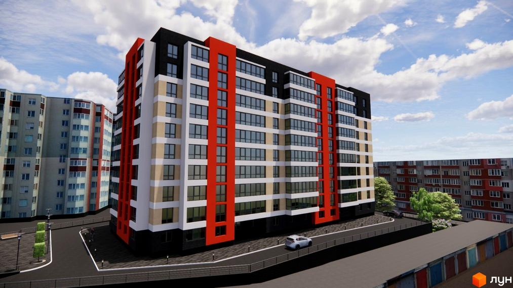 Зовнішній вигляд житлового комплексу на вул. Тролейбусна, 5, з червоними та білими фасадами, скляними балконами та прибудинковою територією з деревами та дорогою.