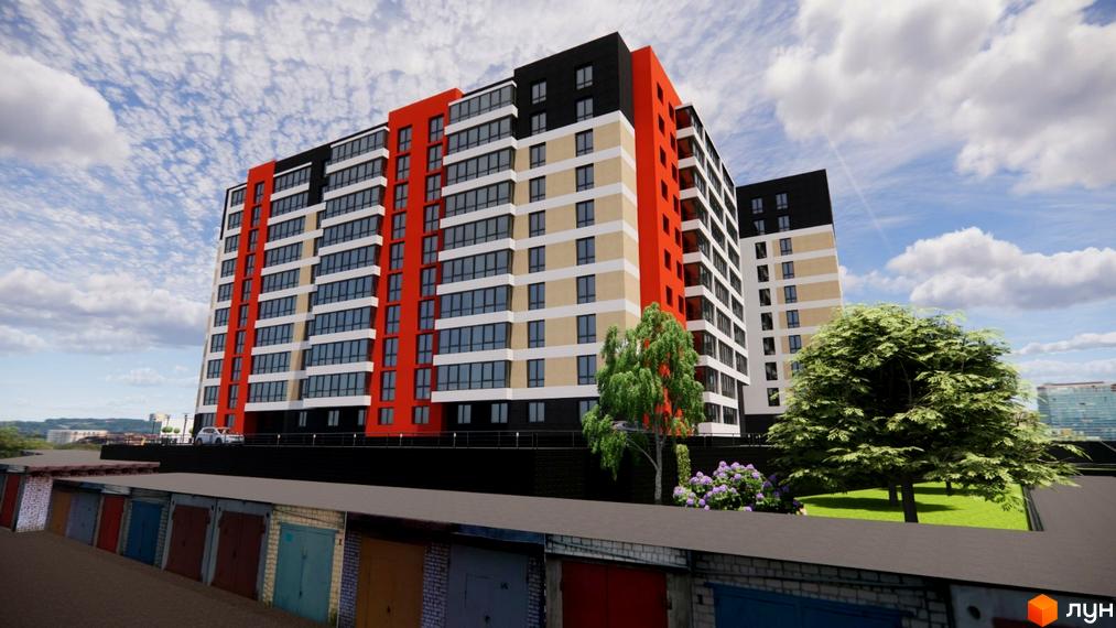 Зовнішній вигляд новобудови на вулиці Тролейбусна, 5, з яскравими фасадами та панорамними вікнами. Перед будинком розташовані гаражі та зелені насадження.