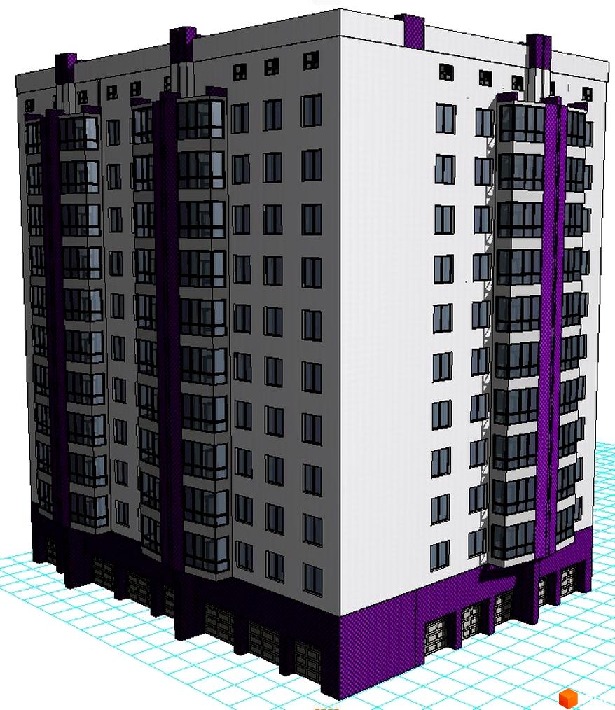 Зовнішній вигляд новобудови на вулиці Степана Бандери, 32/1, з фіолетовими акцентами та великою кількістю вікон. Будинок розташований на сітчастому фоні.