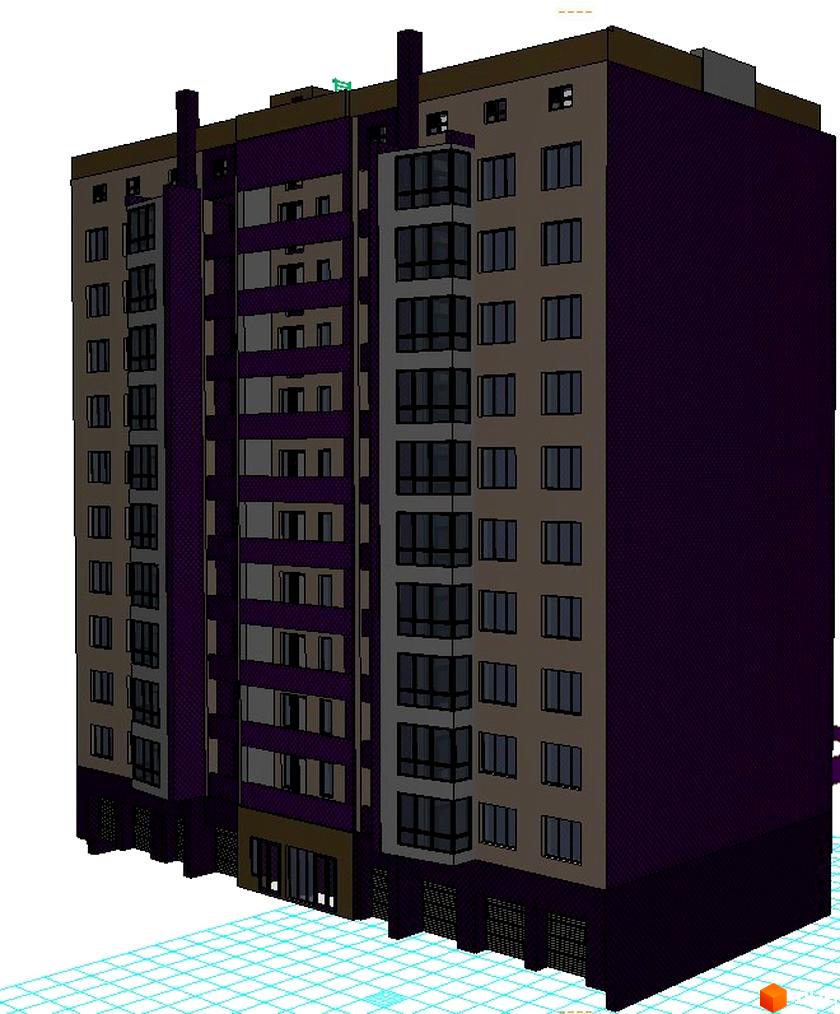 Зовнішній вигляд новобудови на вул. Степана Бандери, 32/1, з фіолетовими та сірими фасадами, великою кількістю вікон та балконів. Навколо будинку видно сітку, що імітує прибудинкову територію.