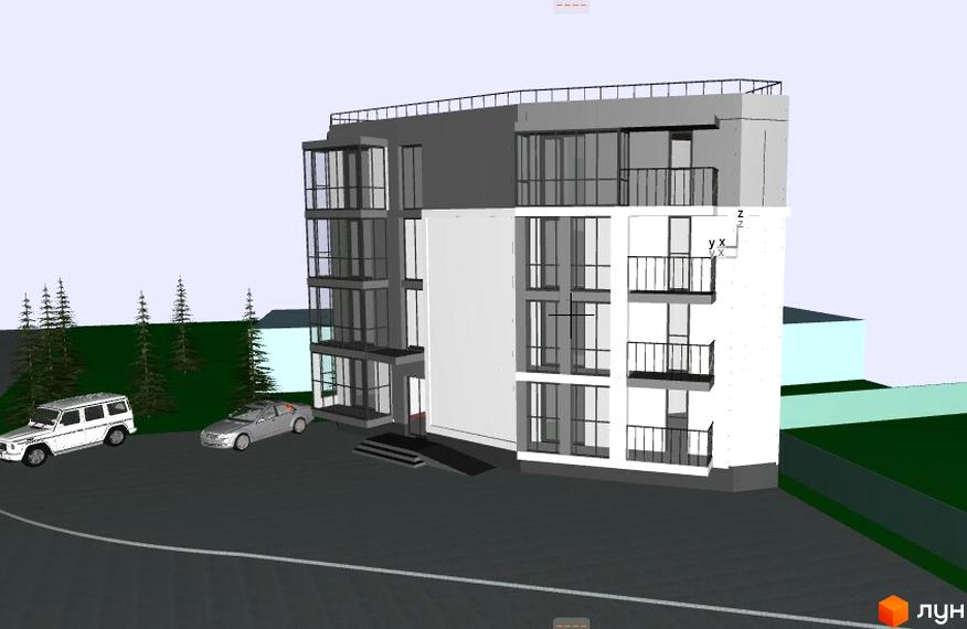 Зовнішній вигляд новобудови на вул. Микулинецька, 115, з автомобілями та деревами на прибудинковій території.