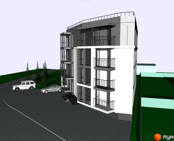 Будівельний проєкт на вул. Микулинецька, 115. Зовнішній вигляд будівлі з балконами та панорамними вікнами, поруч припарковані автомобілі та зелена зона.