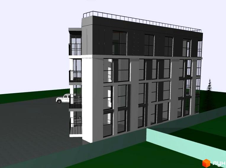 Зовнішній вигляд новобудови на вул. Микулинецька, 115, з балконами та великими вікнами. Прибудинкова територія з парковкою та зеленими насадженнями.