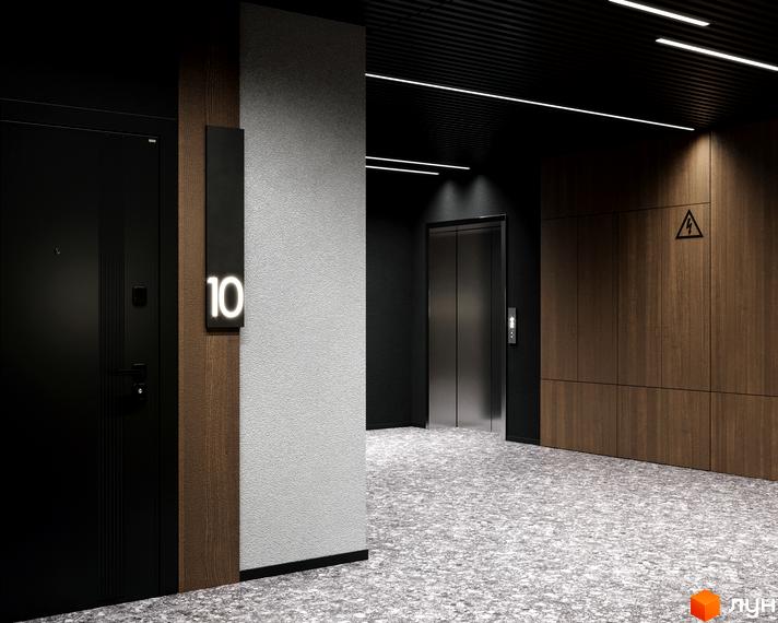 Сучасний вхід у житловий комплекс MARVEL Hill з дверима та ліфтом. Зовнішній вигляд будинку та прибудинкова територія.