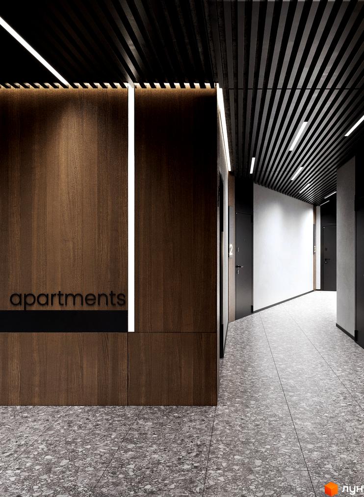 Сучасний вхід до житлового комплексу MARVEL Hill з дерев'яними панелями та світловими акцентами. Коридор з дверима та підлогою з terrazzo.