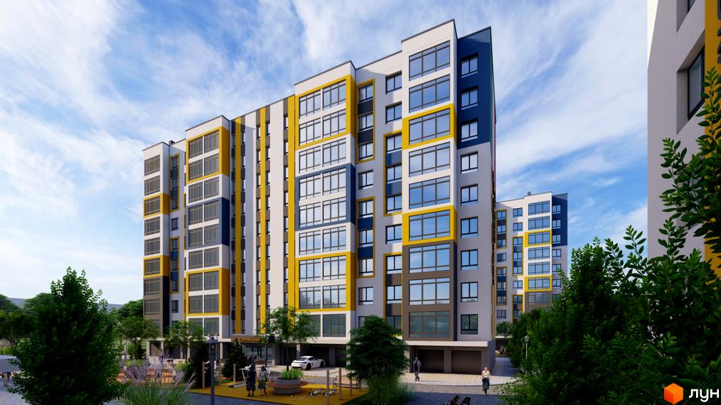 Житловий комплекс Європейський квартал з яскравим фасадом та великими вікнами. На прибудинковій території дитячий майданчик та зелені насадження.