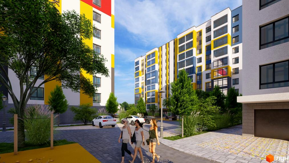 Житловий комплекс Європейський квартал: фасади будівель з жовтими та синіми вставками, зелена прибудинкова територія з деревами та доріжками.