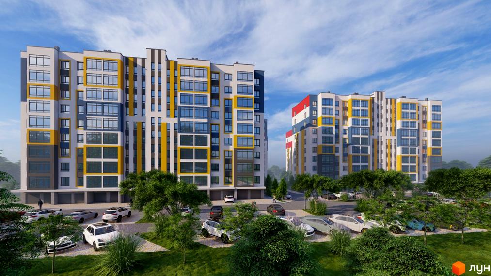 Житловий комплекс Європейський квартал. Багатоповерхові будинки з жовтими, синіми та червоними елементами фасаду, парковка та зелена зона.