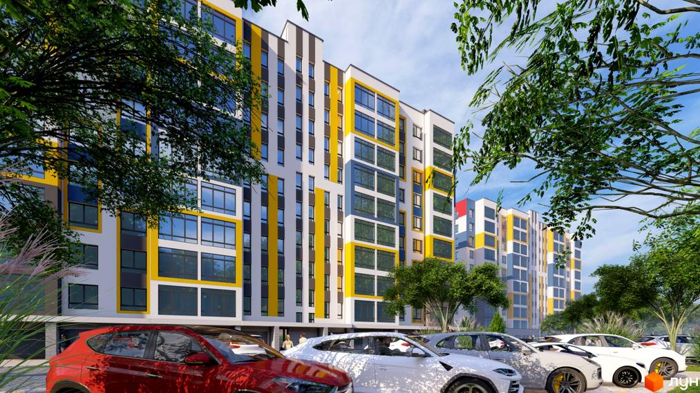 Новобудова ЖК Європейський квартал з жовтими та сірими елементами фасаду, вікнами та прибудинковою територією з автомобілями.