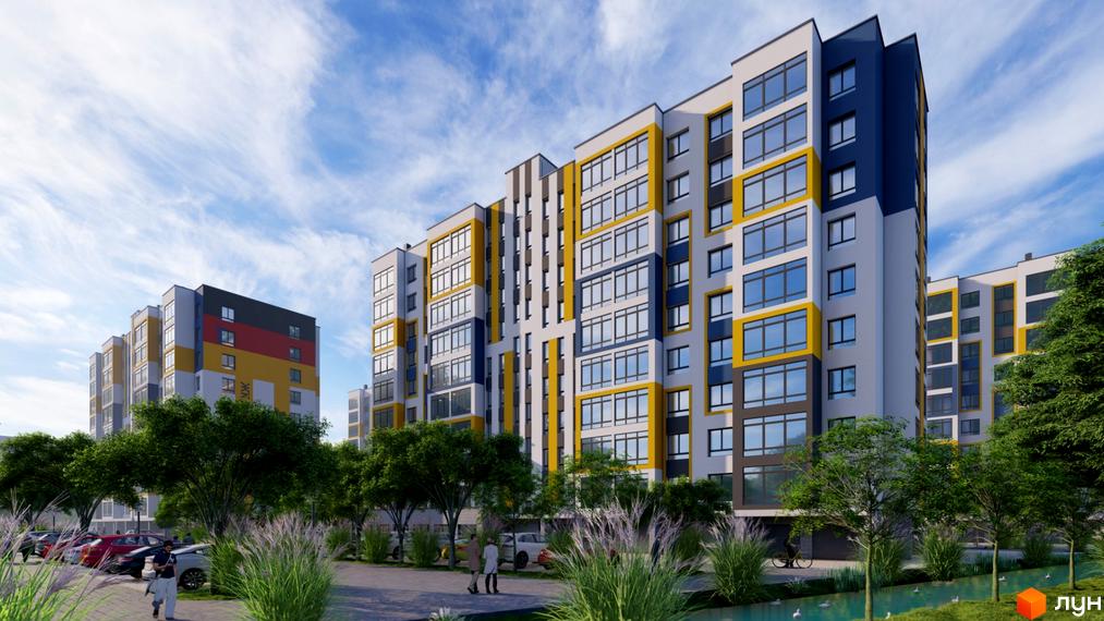 Фасад житлового комплексу Європейський квартал з жовтими та синіми акцентами, парковка та зелені насадження перед будинком.