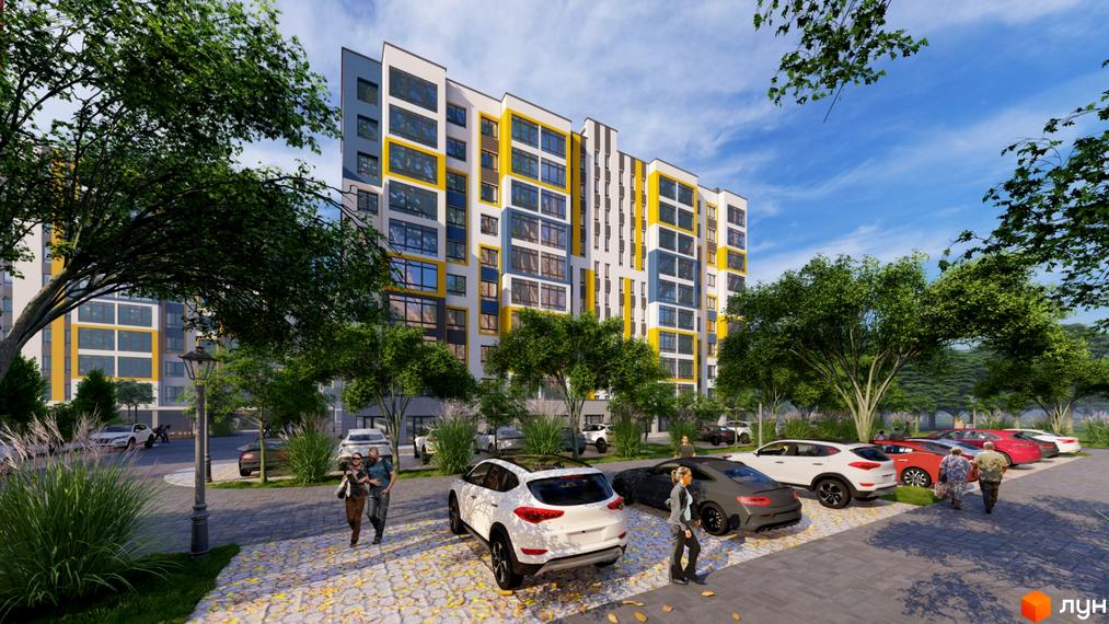 Житловий комплекс Європейський квартал з яскравим фасадом та автомобілями на парковці. Навколо комплексу зелені дерева та облаштована територія.