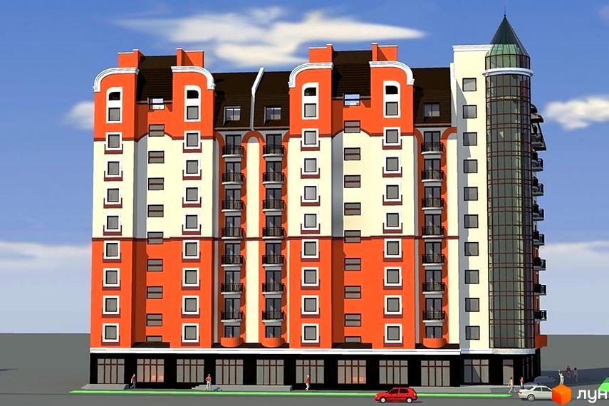 Житловий комплекс на вул. Тичини / вул. Довга з яскравим фасадом та балконами. Прибудинкова територія з зеленими насадженнями та зручними пішохідними доріжками.