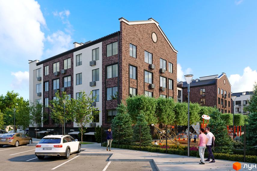 Житловий комплекс Міланж: фасади з цегли та білої штукатурки, вікна, кондиціонери, дитячий майданчик та зелені насадження.