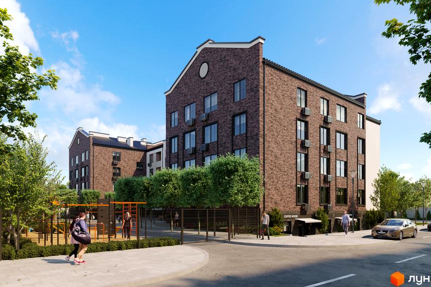 Житловий комплекс МІЛАНЖ: цегляні будинки з кондиціонерами та прибудинкова територія з дитячим майданчиком та зоною відпочинку.