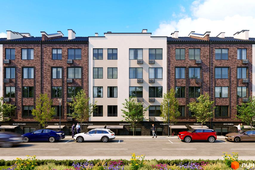 Зовнішній вигляд будинку ЖК Міланж з фасадом з цегли та білої штукатурки, з кондиціонерами та вікнами. На передньому плані дорога з автомобілями та зелені насадження.